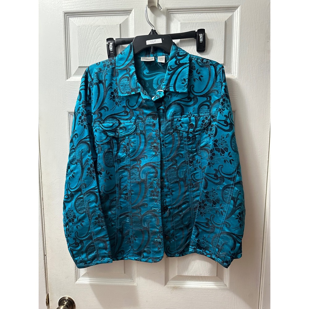 Chicos Teal Black Paisley Brocade Button Front Shirt Jacket Size 2